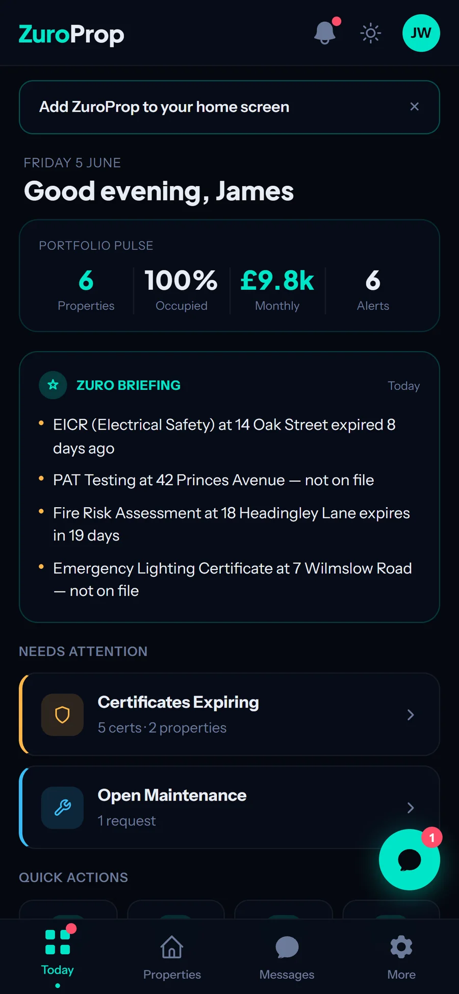 The ZuroProp landlord app on a phone